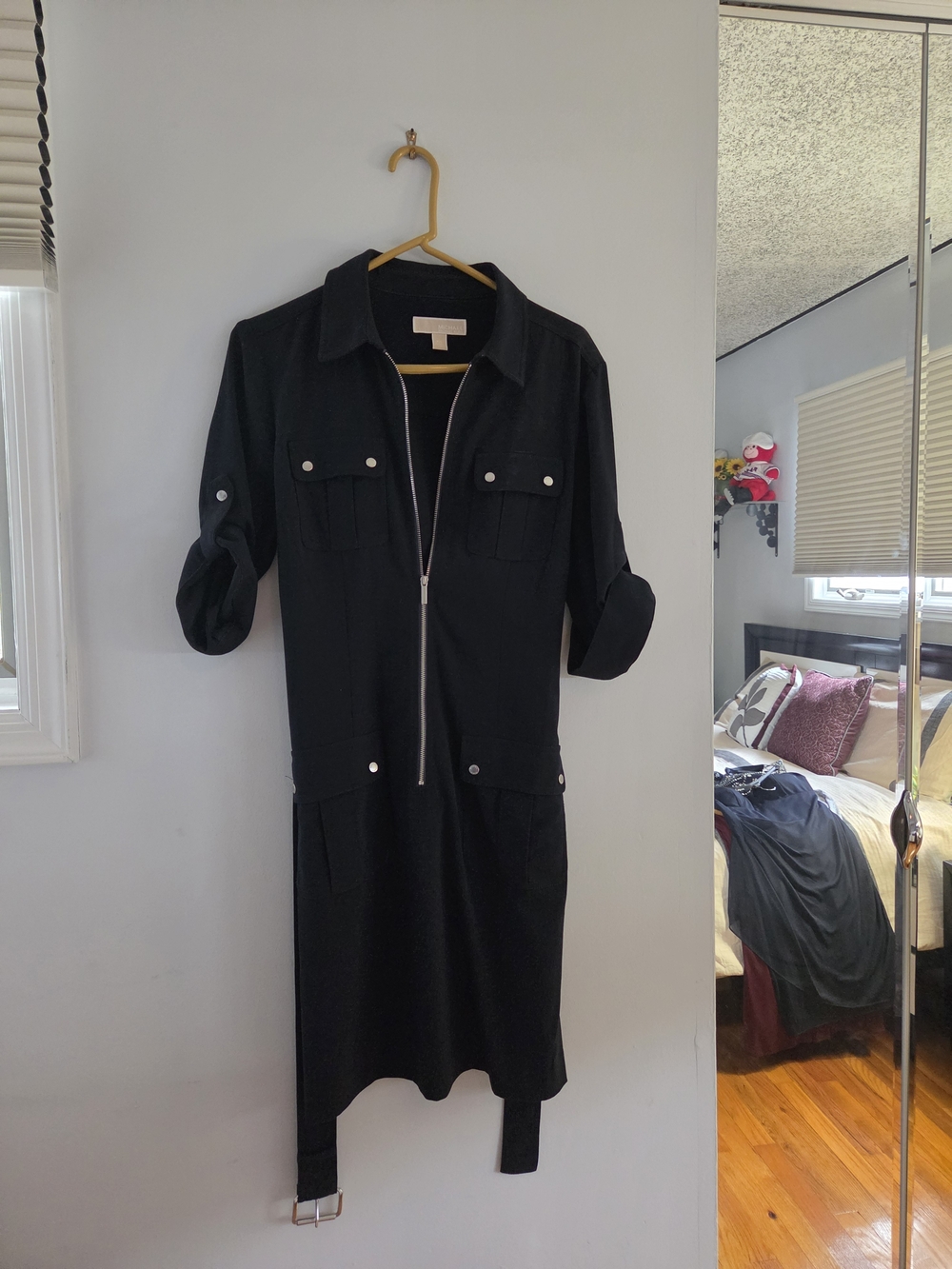 Michael Kors Black Midi Shirt Dress with Silver Zipper